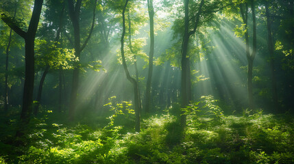 Obraz premium Dense forest with sunbeams filtering through the trees.