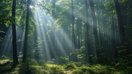 Fototapeta premium Dense forest with sunbeams filtering through the trees.