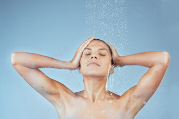 Girl, shower and calm in studio for hygiene with organic, eco friendly cosmetic and daily routine....