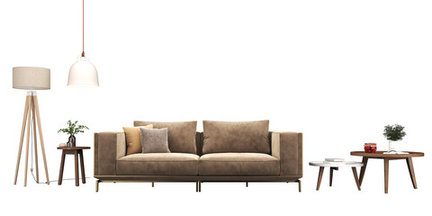 Modern living room cozy minimal with a sofa, armchair, table, and plants Interior furniture set 3D render. Living room house floor template mockup design , isolated on transparent background