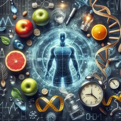 Conceptual image of human health and wellness with holographic elements surrounded by various health symbols and fruits.. AI Generation