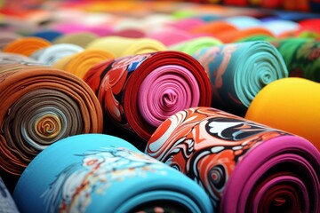 Vast Textile roll colorful market stack. Fashion stack material fabric cotton. Generate Ai