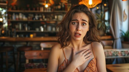 Shocked Woman with Hand on Chest in Cozy Café for Stock Photography