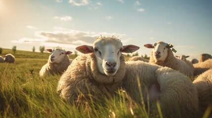 Fototapeta premium A photo of a group of sheep peacefully resting in a pasture