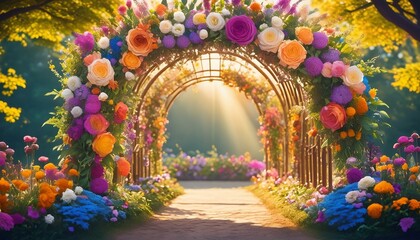 A floral arch covered in flowers creates a magical entrance to the garden