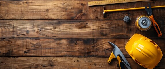 Top view flat lay of building tools on a wooden table with copy space. The banner design highlights various construction tools, emphasizing craftsmanship and DIY projects.