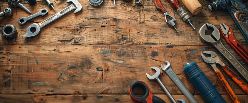 Top view flat lay of building tools on a wooden table with copy space. The banner design highlights various construction tools, emphasizing craftsmanship and DIY projects.
