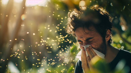 A man sneezes into a napkin, surrounded by pollen and vegetation on the street, seasonal allergy