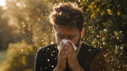 A man sneezes into a napkin, surrounded by pollen and vegetation on the street, seasonal allergy