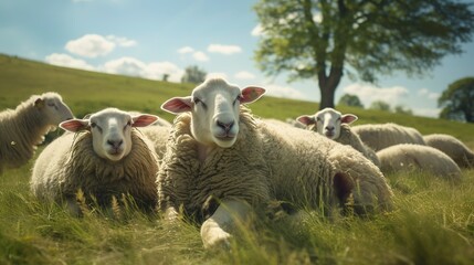 Fototapeta premium A photo of a group of sheep peacefully resting in a pasture