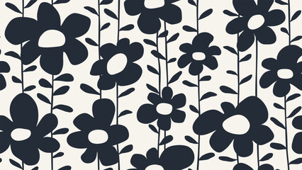 Abstract cute black and white flower seamless pattern.
