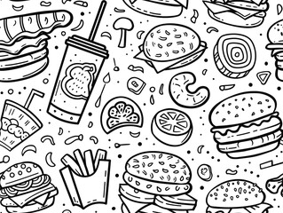 Burger and soft drink theme. Cartoon doodle drawing for children on a white background. 