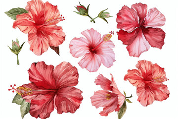 Watercolor hibiscus clipart with tropical blooms in shades of red and pink  