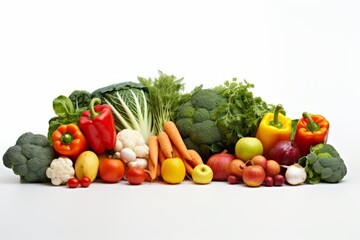 Composition of fruits and vegetables isolated on white background. Nice wide frame with free space for text. Collage