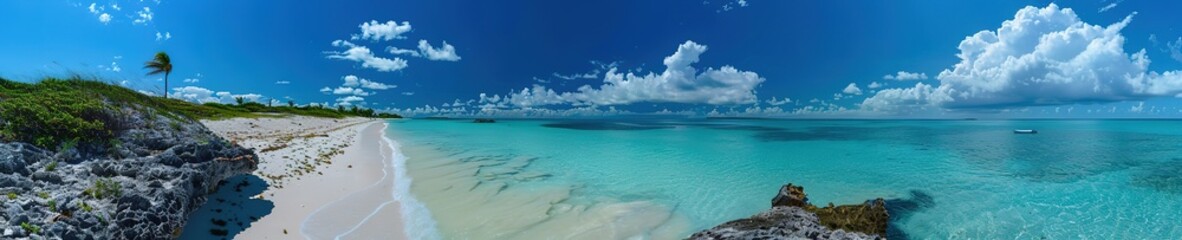 Beach view with palm tree, ultra wide background