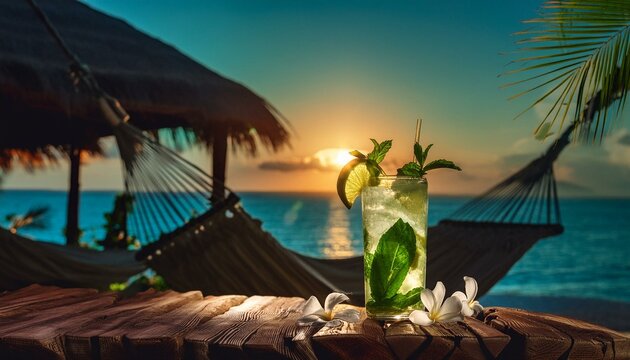 Tropical Island Retreat Sunset - A secluded vacation hideaway with a thatched-roof hut a hammoc and fresh Mojito Coctail Beverage