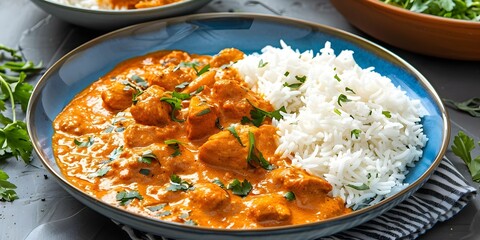 Indulge in a delicious dish of spicy chicken tikka masala with rice. Concept Indian Cuisine, Chicken Dish, Spicy Food, Chicken Tikka Masala, Rice Recipe