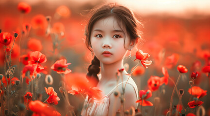 Portrait of a young asian girl with pale skin standing in a field of red flowers. Dream-like and ethereal