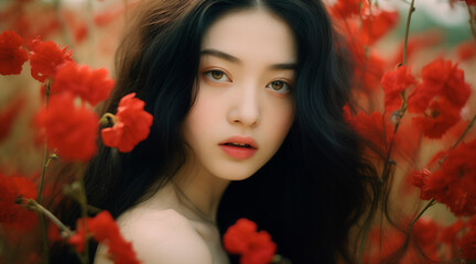 Naklejka premium Portrait of a young asian girl with pale skin standing in a field of red flowers. Dream-like and ethereal