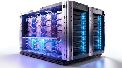 A large black server rack with blue and purple lights.