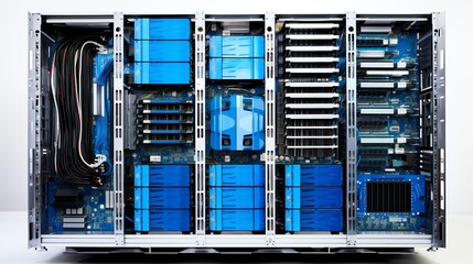 A photo of the inside of a supercomputer with blue lights.