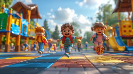 3D realistic cartoon children running and playing on a colorful playground with slides and swings, showing joyful expressions