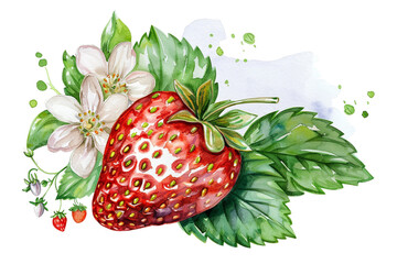 watercolor illustration of ripe strawberry with leaves and flowers, painted elements composition Hand drawn food illustration 