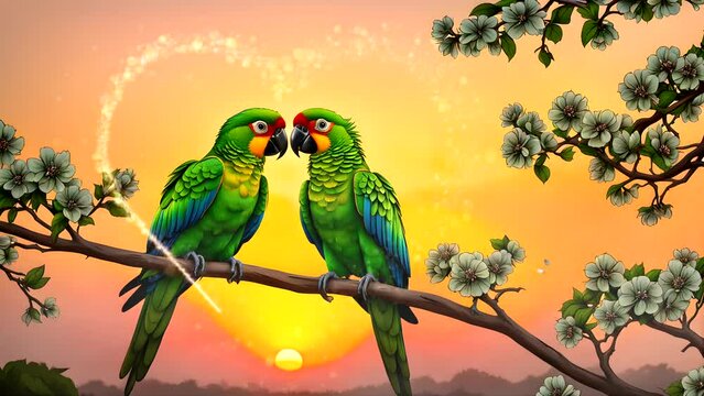 Couple of parrots on tree with glitters heart. Seamless looping time-lapse 4k video animation background