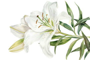 Watercolor lily clipart with elegant white petals and green stems, isolated on white background 