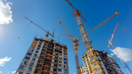 Naklejka premium low angle photo of cranes and a building construction site