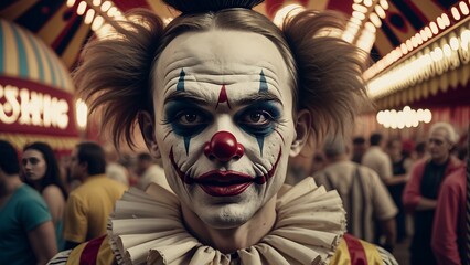 Obraz premium Evil clown. Symbol of fears. Concept of evil and fear. Generative AI.
