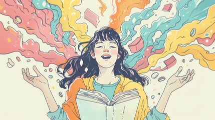 Joyful Woman Reading Book with Colorful Imagination Flowing, Vibrant and Artistic Illustration
