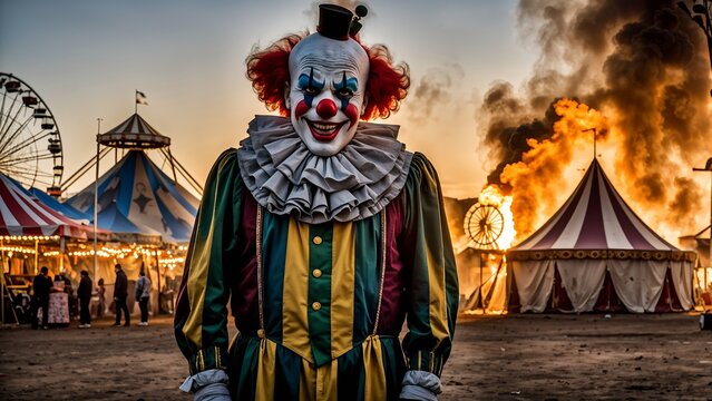 Evil clown. Symbol of fears. Concept of evil and fear. Generative AI.