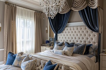 Modern bedroom interior design with bed, pillows and blanket