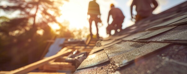 Create an image of craftsmen setting up a roof, blurred in the background, with the focus on a pile of roofing materials and tools in the foreground