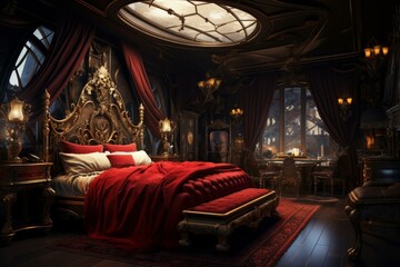 Elegant gothic style bedroom with opulent red bedding and dark wood furniture illuminated by soft light