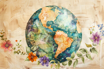 watercolor painting of earth with leaves and flowers 