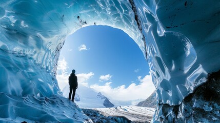 Silhouette of a tourist standing at the entrance of an amazing ice cave in a majestic glacier - Powered by Adobe