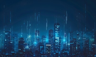 Futuristic cityscape with digital connections and big data visualizations
