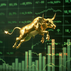 3d render of golden bull jumping over green graph, stock market concept --style raw Job ID: d0d98635-8cf3-42f4-808c-860209079eec