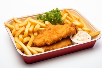 Hearty fish and chips in a bento box against a white background
