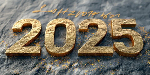 Jahreswechsel 2025 mit goldener leuchtender Zahl im Querformat für Banner