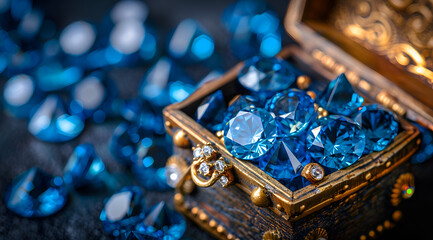 A box full of blue diamonds. The box is made of gold and has a shiny appearance
