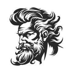 Obraz premium An intricate black and white illustration depicts an imposing bearded god with flowing hair, exuding power and wisdom. AI Generated.