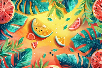 Bright summer background with fruits and palm leaves