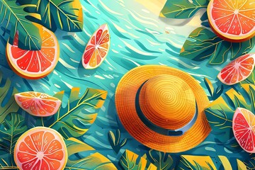 Bright summer background with fruits and palm leaves