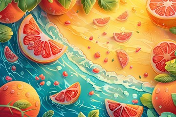 Bright summer background with fruits and palm leaves