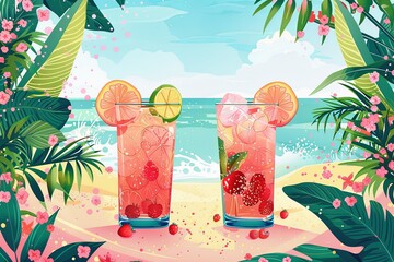 Bright summer illustration with fruits and cocktails