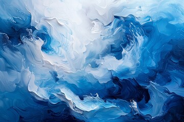 Modern impressionist painting background of blue and white colours, in liquid acrylic paint style
