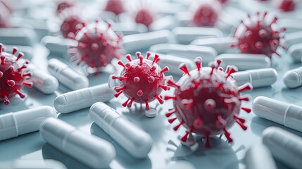 Close up of the red virus and white capsules. The concept of creating a cure for viruses